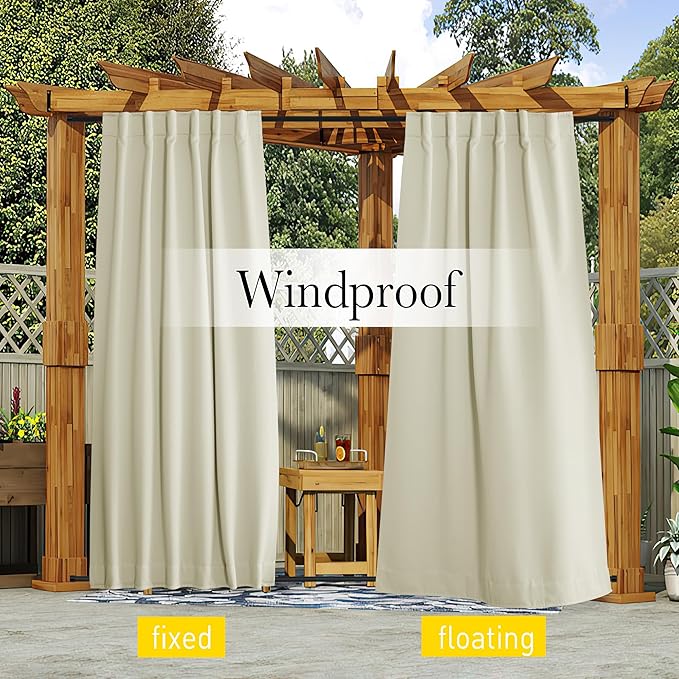 NICETOWN 2 Panels Outdoor Curtains Waterproof Pocket & Back Tab on Top & Bottom, Thermal Insulated Windproof Sun Blocking Outside Privacy Drapes for Patio with Fixed Rope, W52 x L95, Beige