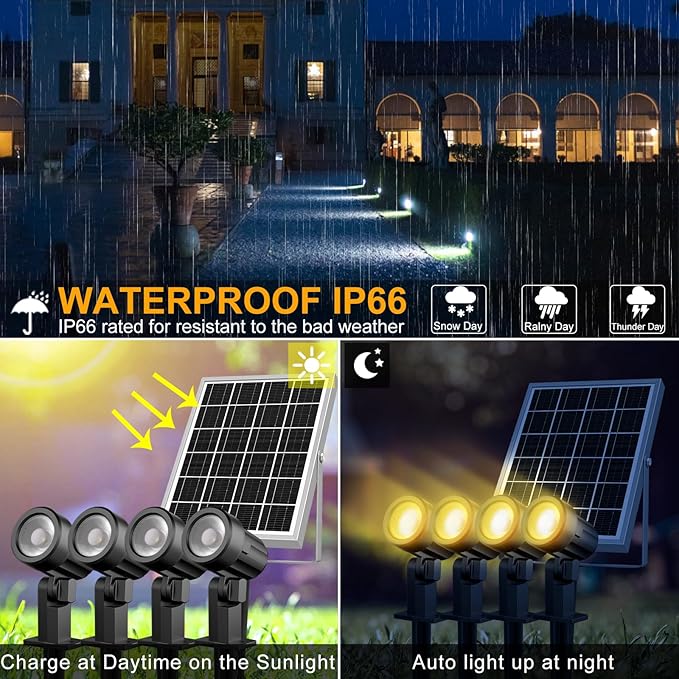 MEIKEE Solar Spot Lights Outdoor, 4-in-1 Solar Landscape Lights, 4W/6V IP66 Waterproof, 2700K/4000K/6500K Outdoor Landscape Spotlights with Remote for Garden Yard Driveway