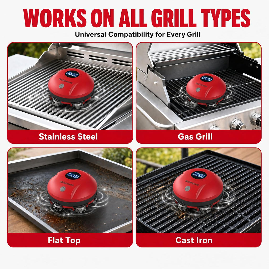 Grill Cleaning Robot, Electric Grill Brush with 4 Heads, 304 Stainless Steel Rotary Brush, Cordless Rechargeable BBQ Cleaner, 150Mins Runtime, 380 RPM, Automatic Grill Cleaner for Outdoor Grill, Red