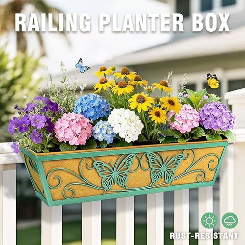 4 Pack 24 Inch Window Boxes Planter Railing Planters Box with Adjustable Brackets for Porch Deck Balcony Hanging Butterfly Decorative Flower Baskets & Non-Woven Fabric Liner for Outdoor Plants - Green