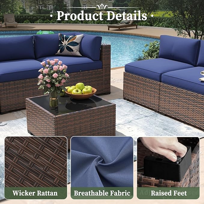 Aoxun 11 Piece Patio Furniture Set Wicker Rattan Patio Conversation Set Outdoor Sectional Sofa Set with Coffee Table and 4” Thickened Cushions, Blue(Waterproof Cover Included)