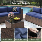 Aoxun 11 Piece Patio Furniture Set Wicker Rattan Patio Conversation Set Outdoor Sectional Sofa Set with Coffee Table and 4” Thickened Cushions, Blue(Waterproof Cover Included)