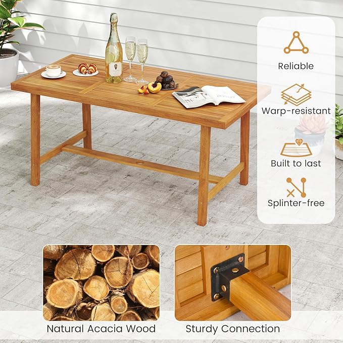 Tangkula 3 Piece Patio Dining Set for 4 People, 63” Outdoor Acacia Wood Rectangular Table with 1.97” Umbrealla Hole & 2 Cushioned Bench, for Deck Yard and Poolside