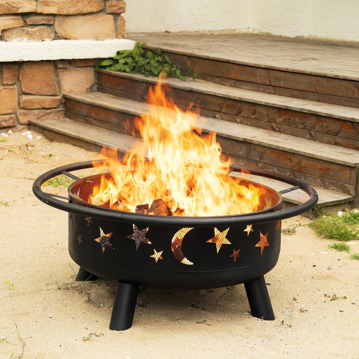 32 inch round fire pit with mesh cover, side view