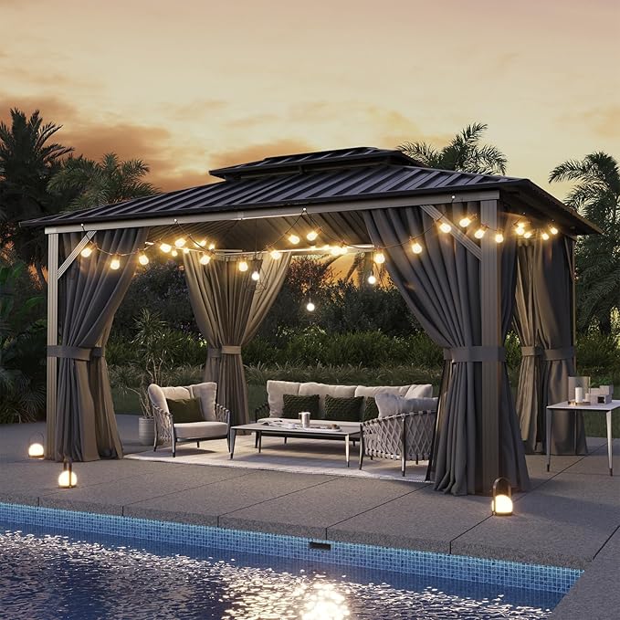 Aoxun 10'x12' Hardtop Gazebo, Aluminum Frame Canopy with Double Galvanized Steel Roof, Outdoor Metal Pavilion with Netting, and LED Outdoor Waterproof Hanging Lights