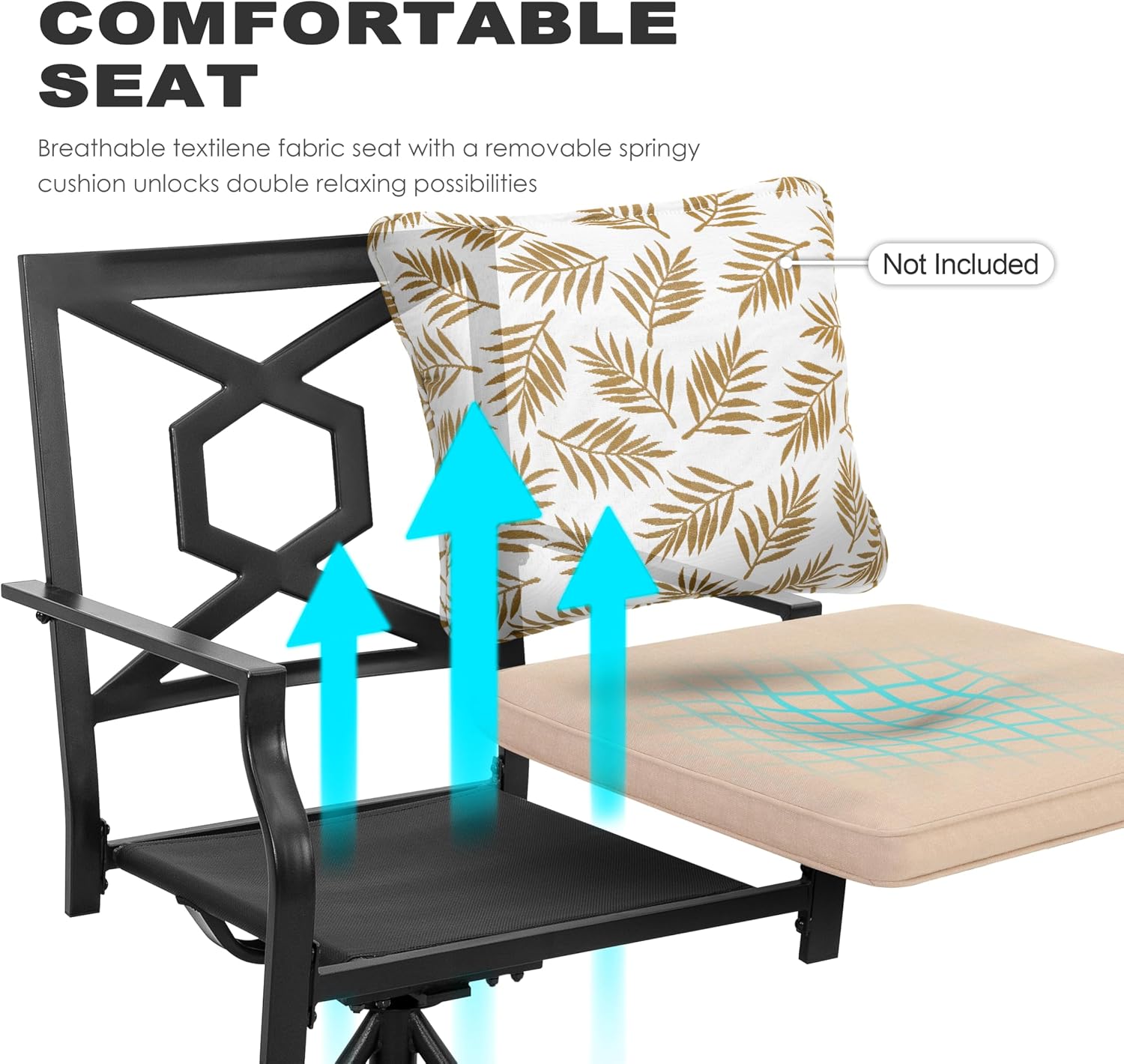 NUU GARDEN Outdoor Patio Swivel Chair Set of 2, Iron Swivel Rocker Dining Chairs with Padded Cushions, Comfortable Outdoor Chairs for Patio, Garden, Backyard & Balcony, Black and Beige