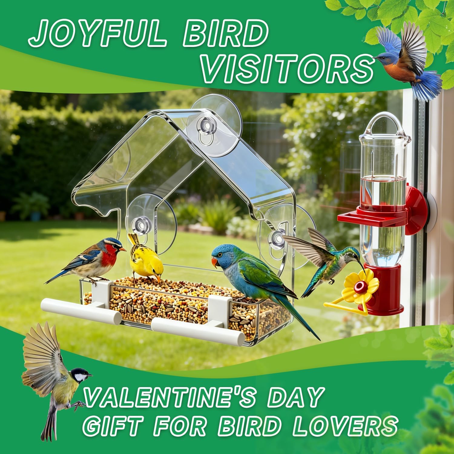 Window Mount Wild Bird Feeder Set of 3, Large & Small Seed Feeders + Hummingbird Water Station, Heavy-Duty Suction Cups, Easy Feeding & Drinking Access, Easy Install Outdoor Bird Watching Accessory