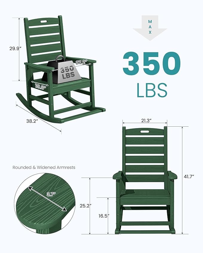SERWALL Outdoor Rocking Chair, Oversized Rocking Chair with Footrest for Adults, HDPE All Weather Resistant Rocking Chairs for Patio, 350lbs Weight Capacity, Green
