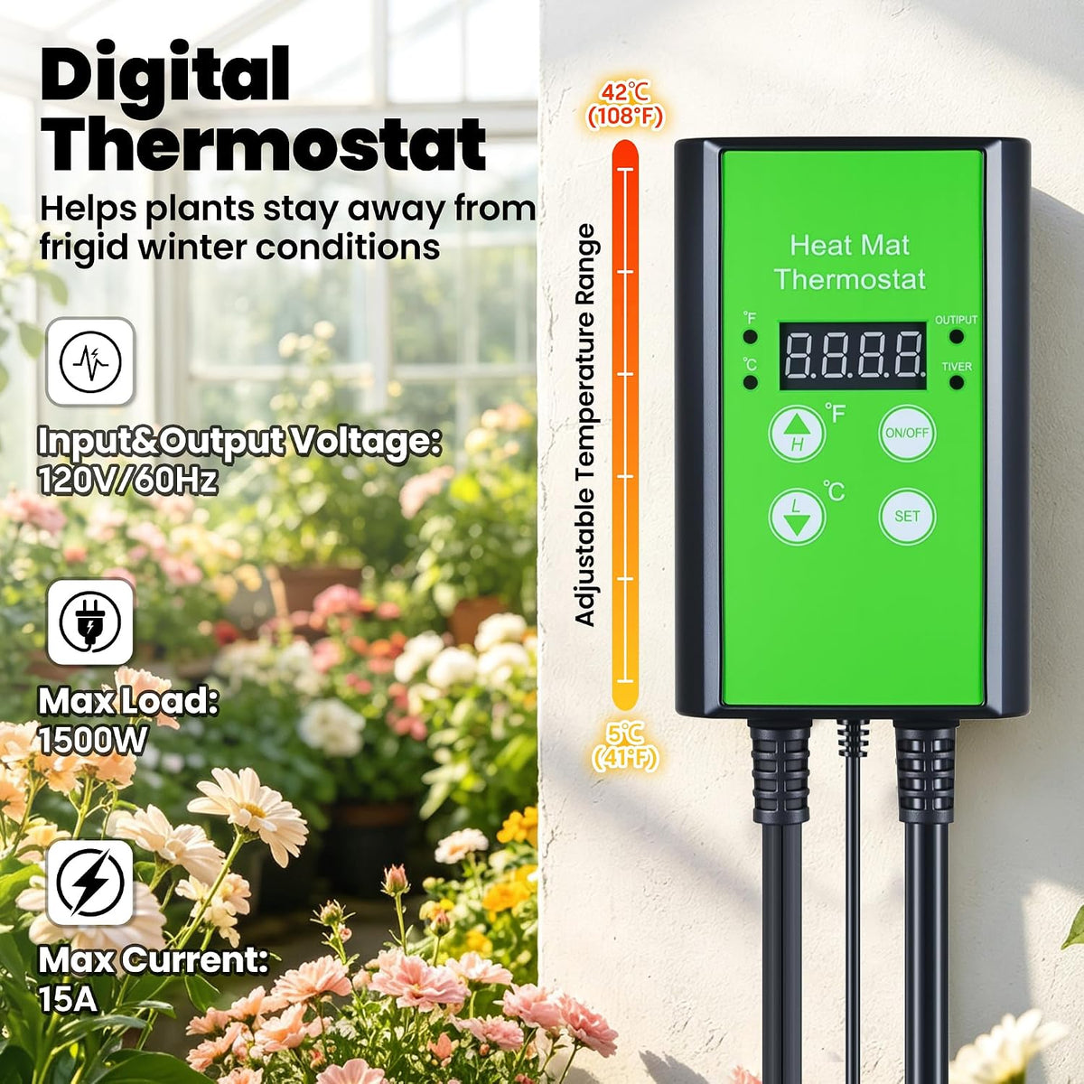 greenhouse heater with thermostat, electric outdoor heaters, yellow, side view