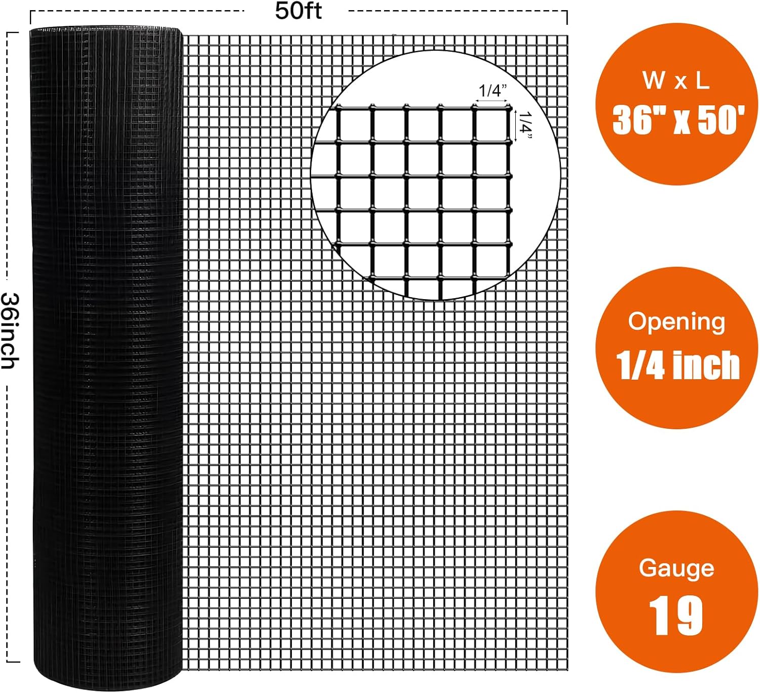 Zevemomo 36" x 50' 1/4inch Hardware Cloth, Black Vinyl Coated Chicken Wire Fence Galvanized Welded Mesh Roll for Home Garden Rabbit Cage