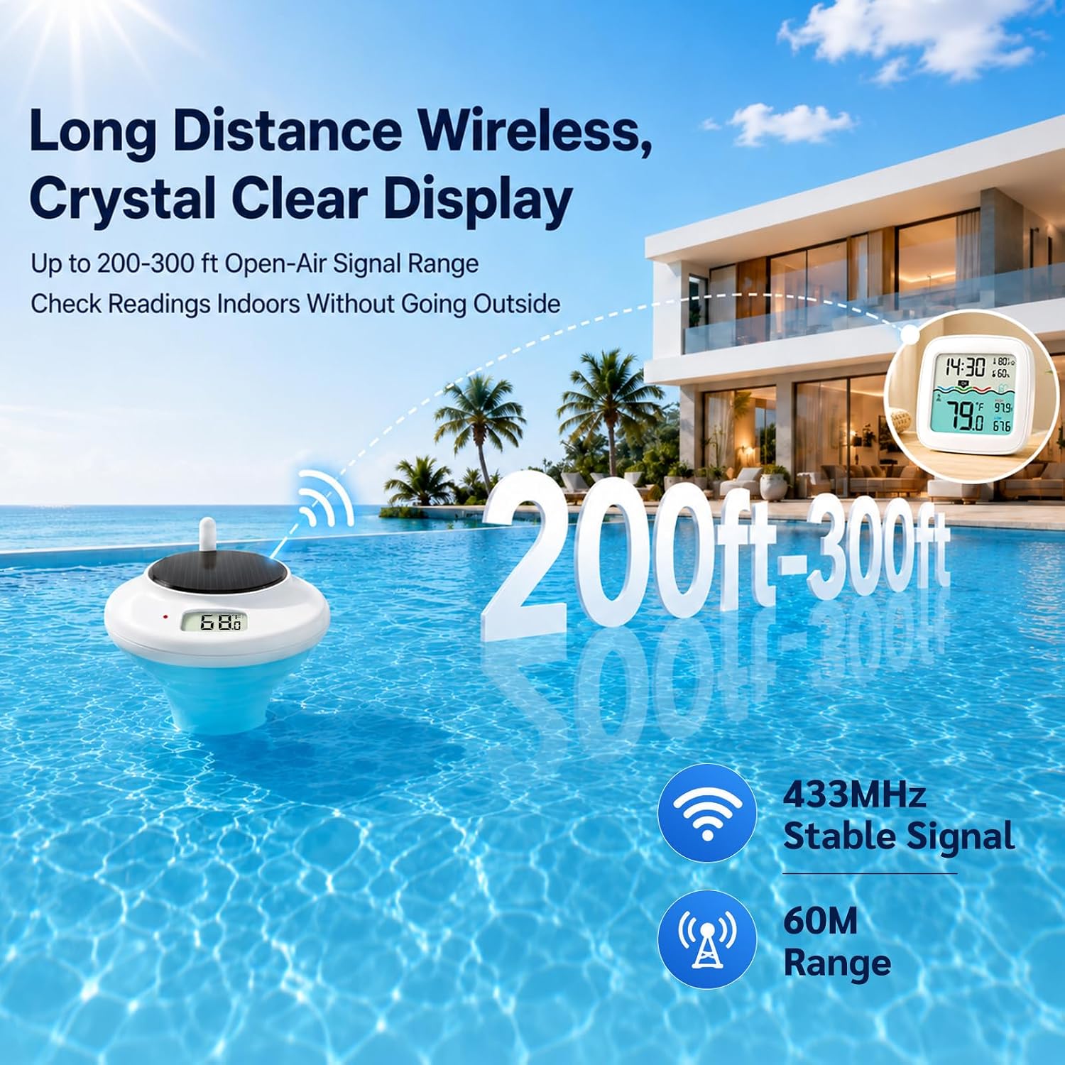 Solar Pool Thermometer, Wireless Floating Water Temperature Sensor, IPX8 Waterproof, Long Range Digital Display for Swimming Pool, Hot Tub, Spa, Pond & Lake