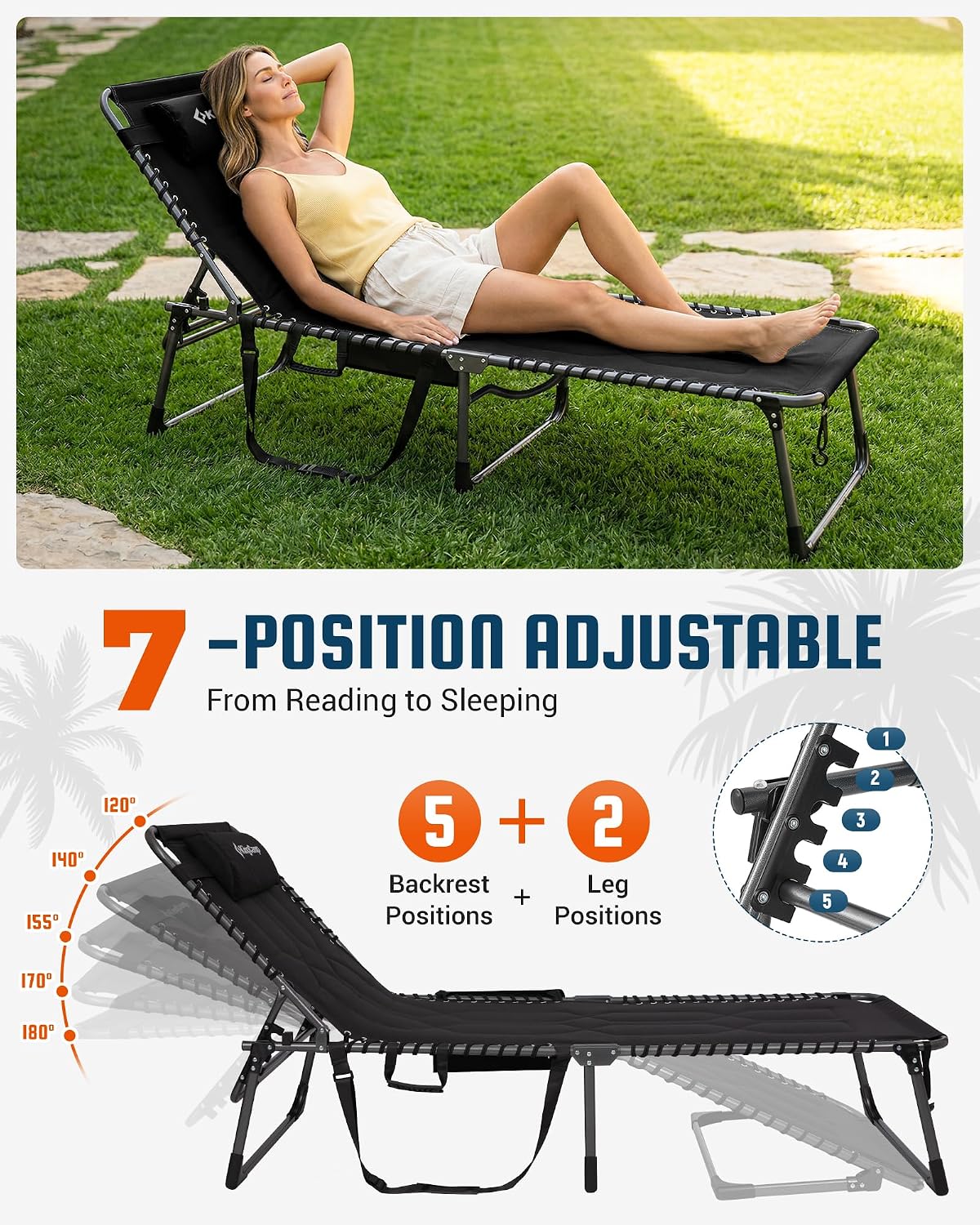 KingCamp Oversized Tanning Chair Padded Lounge Chair, Black | Extra-Wide Padded, Folding Chase Lounge, Portable Adjustable 5-Position, 440lbs Heavy Duty