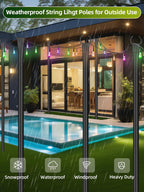 String Light Poles for Outside, 6 Pack 10 ft Adjustable Light Poles | Heavy Duty, Weather Resistant, 5 Prong Stable Base, Ground & Fence Mount, Fence Clips Included, For Patio Garden Porch Decor