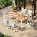 Outdoor Dining Set, HDPS + Aluminum Patio Table and Chairs Set with U-Shaped Base, 7 Piece Outdoor Furniture Set with Umbrella Hole, Patio Dining Table Set for Garden, Backyard (White-Teak)