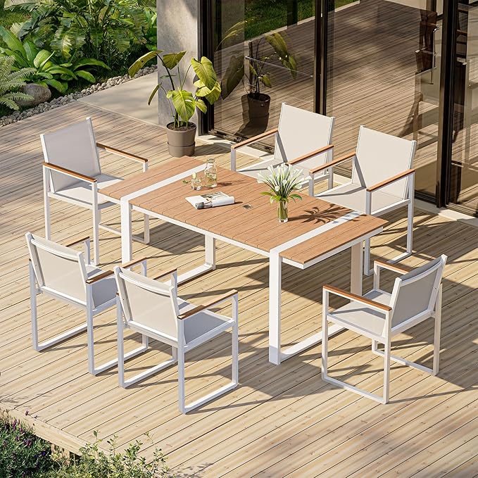 Outdoor Dining Set, HDPS + Aluminum Patio Table and Chairs Set with U-Shaped Base, 7 Piece Outdoor Furniture Set with Umbrella Hole, Patio Dining Table Set for Garden, Backyard (White-Teak)