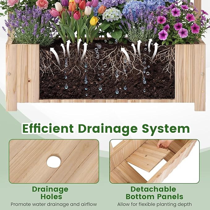 Giantex Wooden Raised Garden Bed with Arched Trellis, 71” Fir Wood Outdoor Elevated Planter Box Privacy Screen with Drainage Holes, Vertical Garden Bed for Climbing Plants, Patio Balcony Backyard