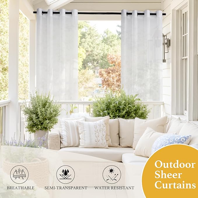 RYB HOME 2 Panels Outdoor Curtains for Patio - Linen Look Semi-Sheer Curtains for Patio Waterproof, Indoor Outdoor Drapes for Gazebo Pergola Balcony Pool Spa, Wide 54 x Long 84