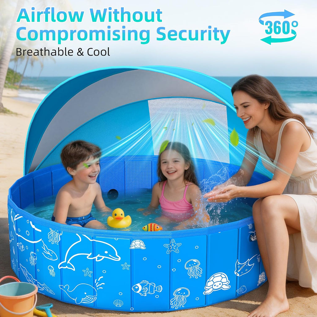 Kiddie Pool with Canopy, 48" Foldable Kids Baby Pool for Toddlers, Portable Small Swimming Pool Hard Plastic with Shade & Carry Bag for Beach Backyard Water Play