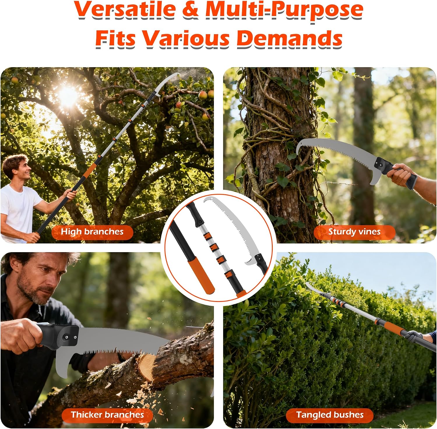 26FT Reach Pole Saws for Tree Trimming, Manual Pole Saw with 5-20FT Telescoping Extension Pole, Pruning Saw with 17" 3X Detachable Saw, Branches Pruner for Garden, Palms & Shrubs Yard Maintenance