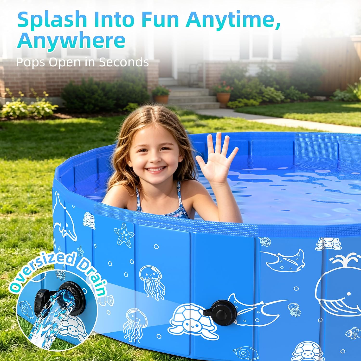 Kiddie Pool with Canopy, 48" Foldable Kids Baby Pool for Toddlers, Portable Small Swimming Pool Hard Plastic with Shade & Carry Bag for Beach Backyard Water Play