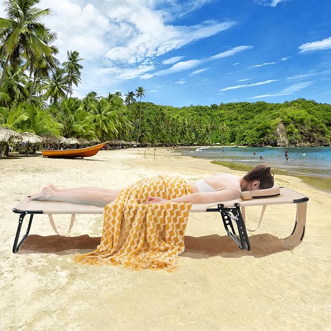 GYMAX Tanning Chair, 350lbs Beach Lounge Chair with Face Hole, Detachable Washable Pillow & Carry Strap, Adjustable Folding Chaise Lounge, Layout Chair for Outside, Patio, Poolside, Lawn (1, Beige)