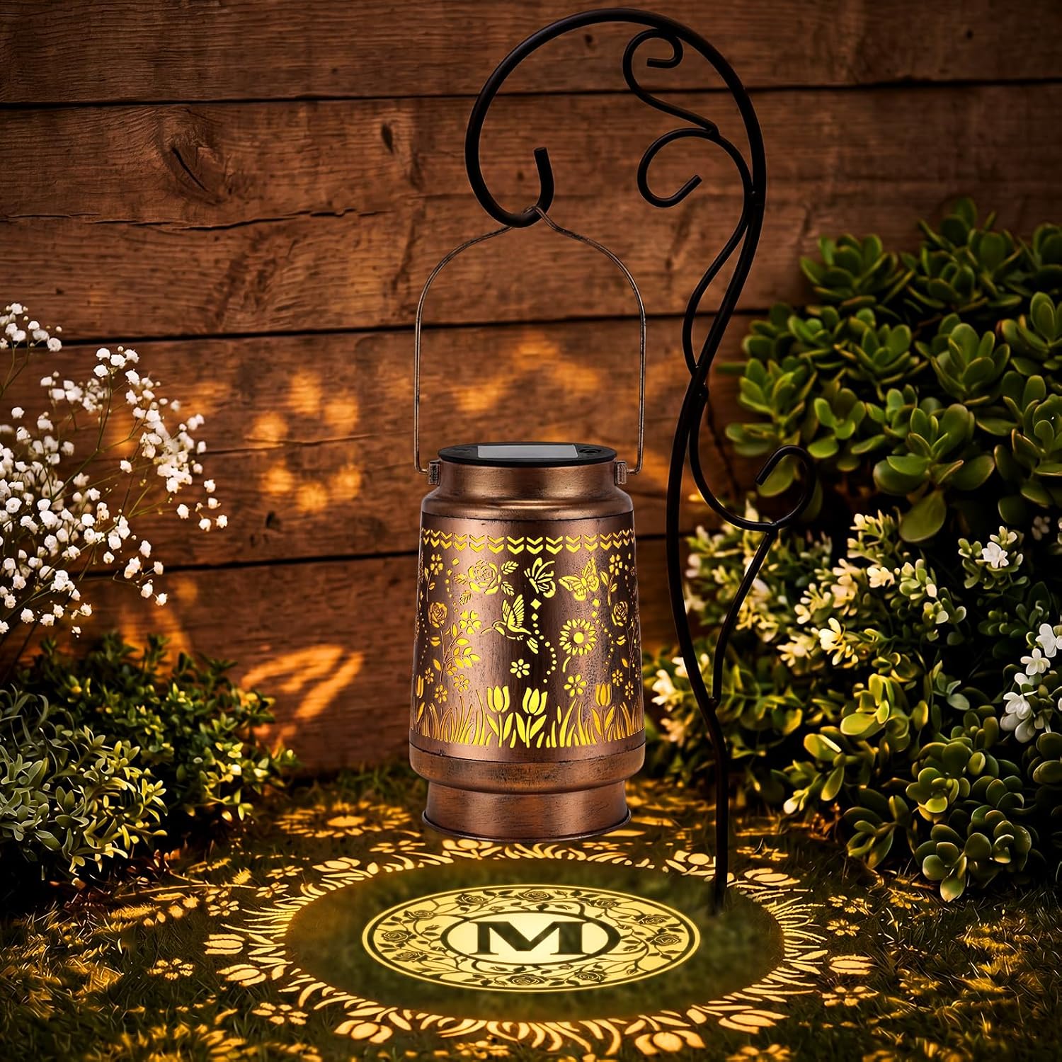 Glooglitter Letter M Solar Lanterns Outdoor Monogram Initial Hanging Light | Hummingbird Shadow Projector Light Waterproof Metal LED Lantern for Patio Yard Porch Personalized Gift for Women Mom Grandma
