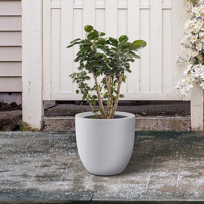 Kante 13.4" Dia Round Concrete Planter, Large Outdoor Modern Indoor Decorative Plant Pots with Drainage Hole and Rubber Plug for Home and Garden, Pure White