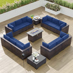 Kullavik 15PCS Outdoor Patio Furniture Set with 43" 55000BTU Gas Propane Fire Pit Table PE Wicker Rattan Sectional Sofa Patio Conversation Sets w/8 Coner Sofas,Navy Blue