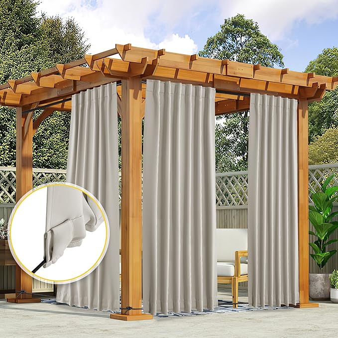 NICETOWN 2 Panels Fixed Outdoor Curtains for Patio Waterproof, Top & Bottom Pocket & Back Tab Windproof Thermal Cold & Heat Block Blackout Outdoor Drapes for Porch/Gazebo, W52 x L84, Natural