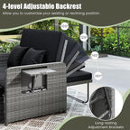LDAILY Moccha Outdoor Daybed, Wicker Loveseat Sofa Set with 4-Postion Adjustable Backrest, Storage Ottoman, Cushions, Rattan Double Bed Lounger, Patio Furniture Set (Mixed Gray+Black)