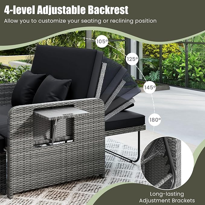 LDAILY Moccha Outdoor Daybed, Wicker Loveseat Sofa Set with 4-Postion Adjustable Backrest, Storage Ottoman, Cushions, Rattan Double Bed Lounger, Patio Furniture Set (Mixed Gray+Black)