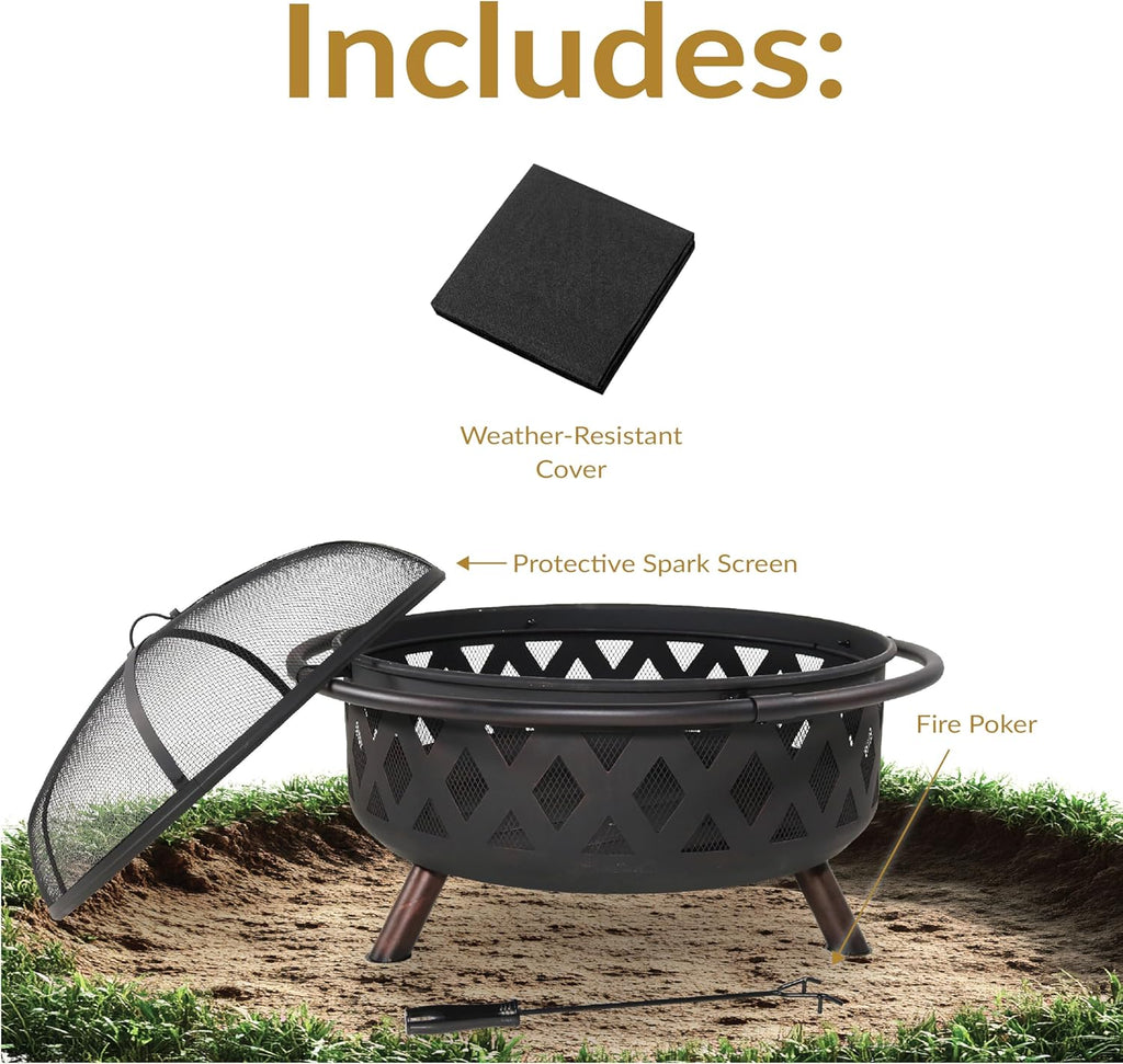 sunnydaze crossweave 36" large outdoor fire pit, wood, front angle view