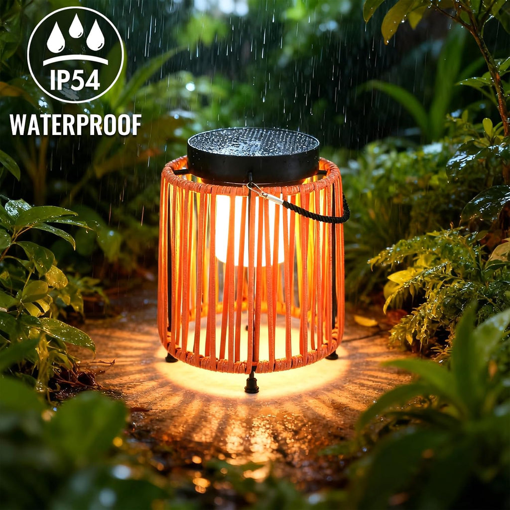Outdoor Solar Lantern for Patio Waterproof, Rechargeable Table Lamp | Handwoven Wicker Lamp, IP54, 3000mAh, 30+ Hour Runtime, USB-C & Solar Charging for Patio or Indoor, Boho Orange