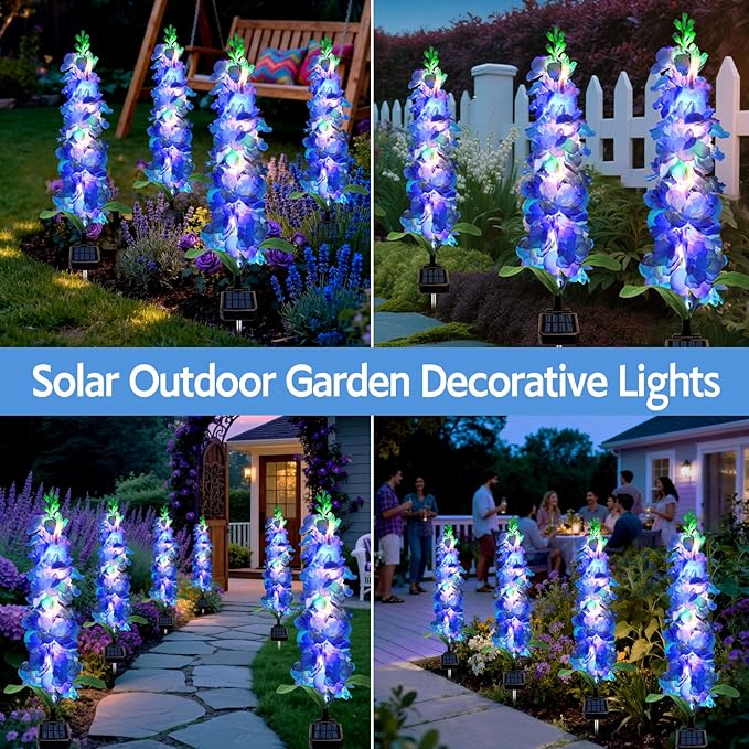 Solar Garden Lights, Solar Blue Delphinium Flowers Lights 8 Pack 160 LEDs, Waterproof Outdoor Light Two Lighting Modes for Outside Wedding Party Garden Yard Patio Lawn Decor
