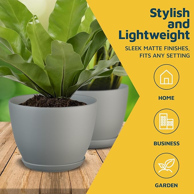 Gray Plant Pots with Drainage Holes & Saucers 3 Pack, Indoor & Outdoor Stackable Space-Saving Planters for Houseplants & Flowers, (7", 6.7", and 6" Inches), Durable & Weatherproof Materials