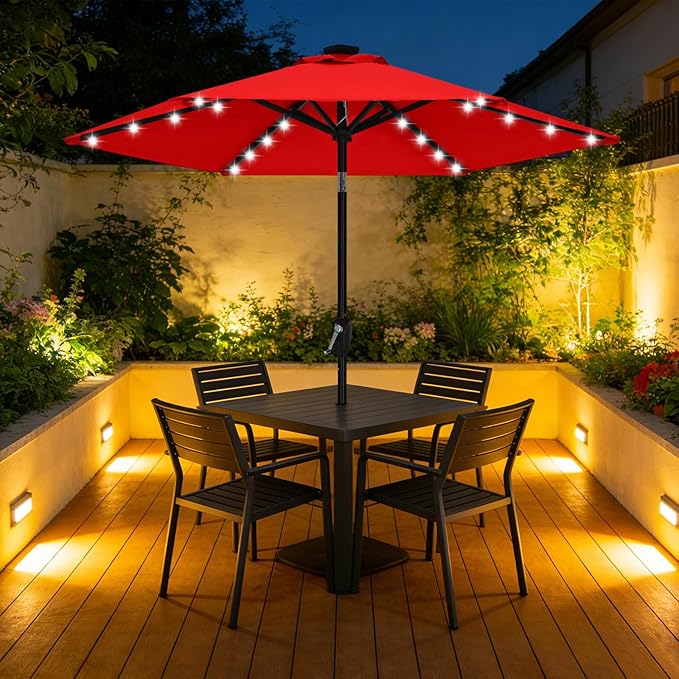 ABCCANOPY Durable Solar Led Patio Umbrellas with 24LED Lights 7.5FT with 6 Sturdy Ribs (Logo Red)