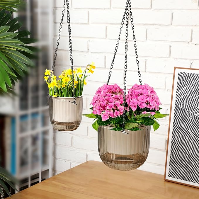 Maxcheck 4 Pcs Self Watering Hanging Planters Indoor Gift 6.5'' 4.5'' Hanging Flower Pots Baskets Outdoor Self Watering Plant with 3hooks Drainage Holes for Home(Gray)