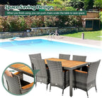 Tangkula 9 Pieces Rattan Outdoor Dining Set with 13Ft Solar Patio Umbrella for 6, Outdoor Wicker Table Set with 8 Cushioned Chairs, Acacia Wood Top, Outdoor Umbrella with Base Included