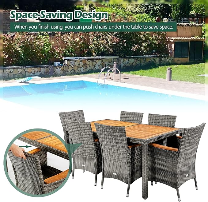 Tangkula 9 Pieces Rattan Outdoor Dining Set with 13Ft Solar Patio Umbrella for 6, Outdoor Wicker Table Set with 8 Cushioned Chairs, Acacia Wood Top, Outdoor Umbrella with Base Included