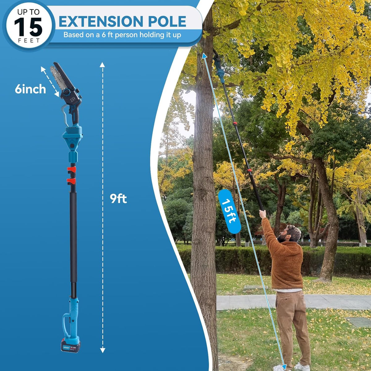 3-in-1 pole pruning shears, electric pruning shears & showing dimensions