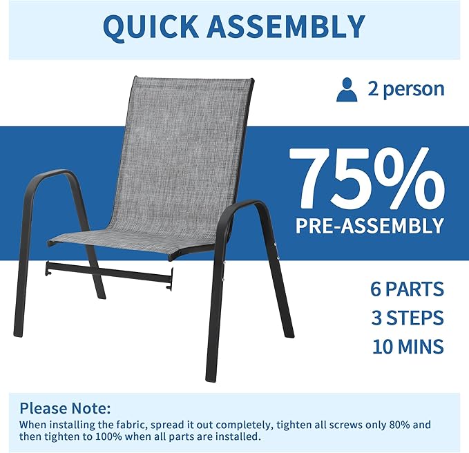 PIZZELLO Patio Chairs Set of 4, Outdoor Stackable Dining Chairs for All Weather, Lightweight Textilene Outdoor Chair Sets with Armrests, 330Lbs Capacity, for Backyard Porch Poolside Garden (Grey)