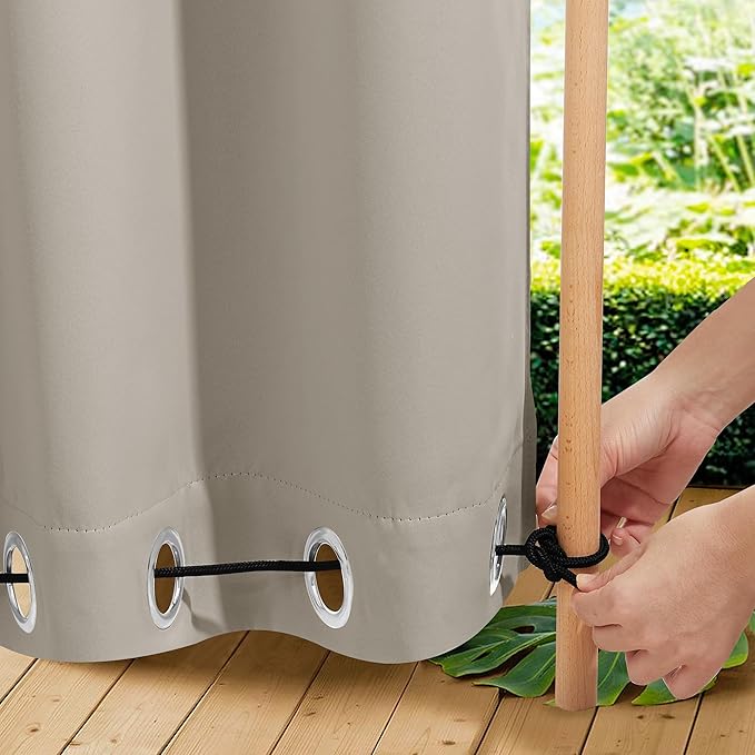 NICETOWN 2 Panels Outdoor Curtains for Patio Extra Wide 84", Waterproof & Windproof Grommet & Back Tab Fixed Top and Bottom Sun Blocking Privacy Drapes with Rope for Gazebo, Natural, W84 x L84