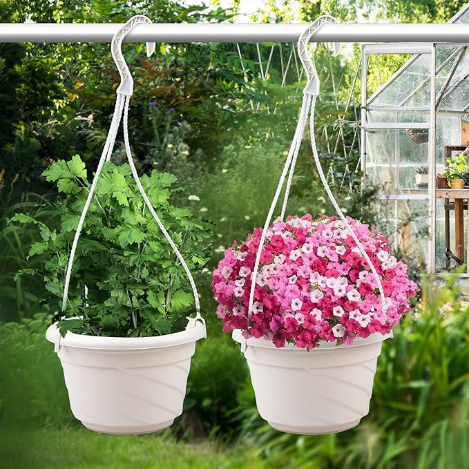 VIDELLY 4 Pieces Plastic Hanging Planters, 5.9 in Dia x 3.54 in H, Small Flower Plant Basket Pots Chain Holder Garden Decoration for Indoor and Outdoor Use, Beige White