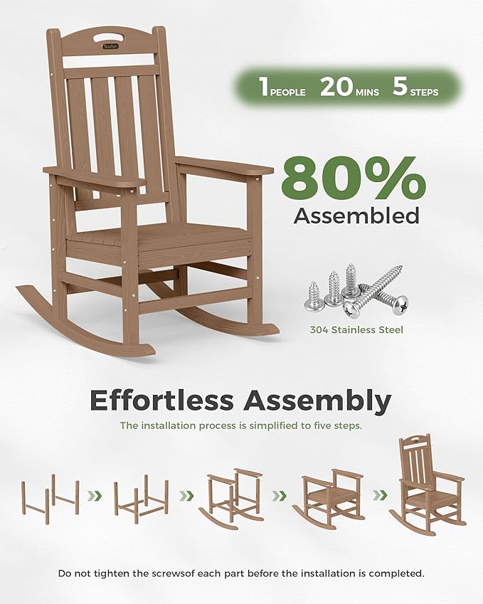 Oversized Rocking Chairs Outdoor Set of 2, High Back Porch Rocking Chair, HDPE All Weather Resistant Patio Chairs, 380lbs Weight Capacity, Teak