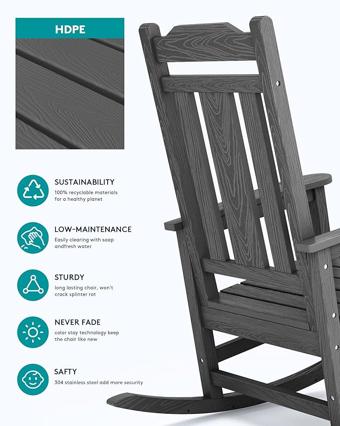 SERWALL Outdoor Rocking Chair Gray Set of 8, All Weather Patio Rocking Chair, HDPE Poly Rocking Chair for Adults, Heavy Duty Front Porch Rocker