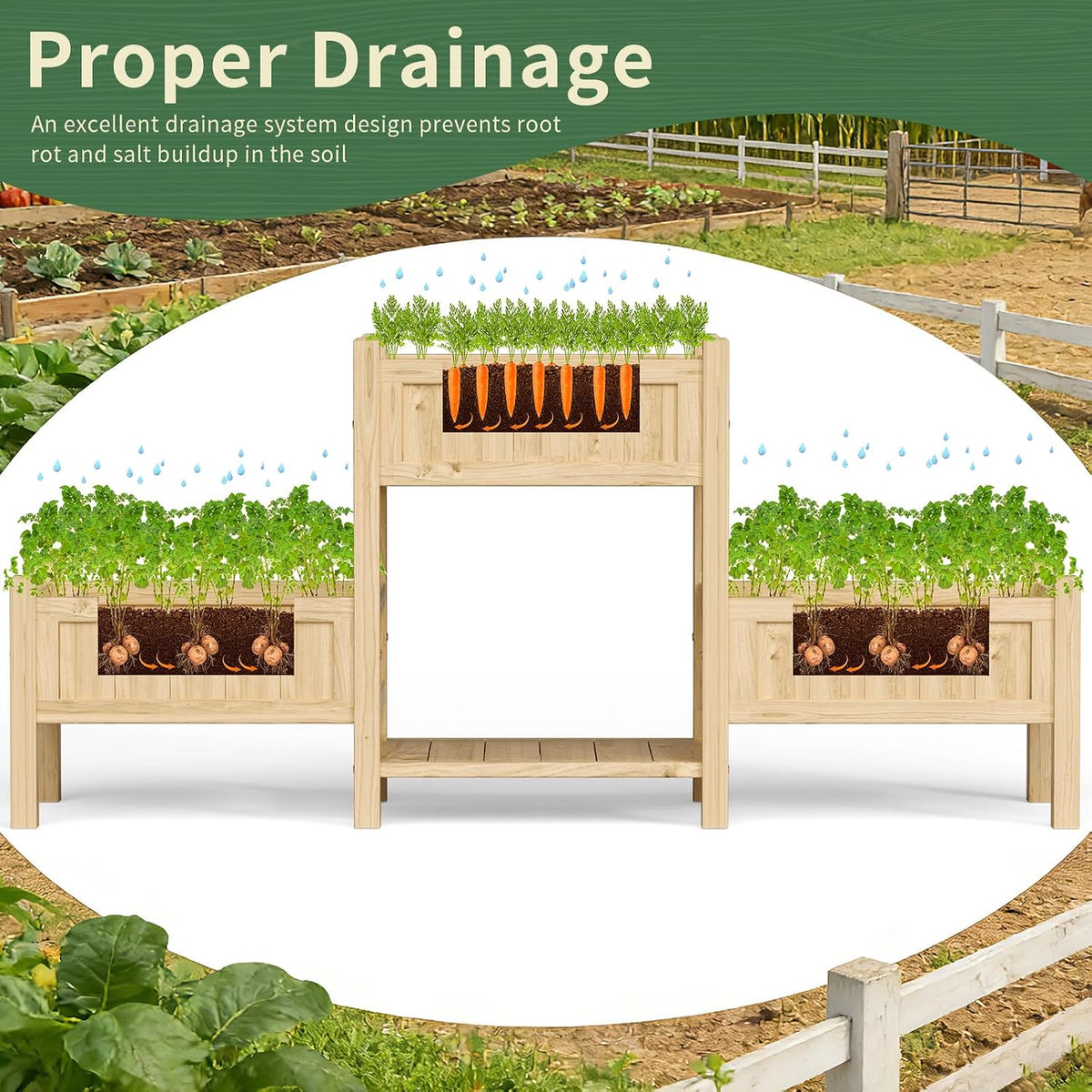 extra large wooden raised garden bed with legs, side view