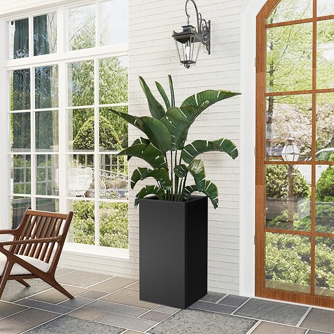 Metal Large Planter Box 15" L x 15" W x 30" H, Heavy Duty Tall Rectangle Outdoor Planter Box with Removable Insert Shelves for Porch, Garden, Patio, Yard (Black)
