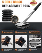 Bristle-Free Steam Grill Brush with 5 Replacement Pads – No Bristle Shedding. Unique Steel Fibers Pads Efficiently Deep Clean All Kinds of Grills. A Safe Outdoor Grill Cleaner. Gift for Men/Dad.