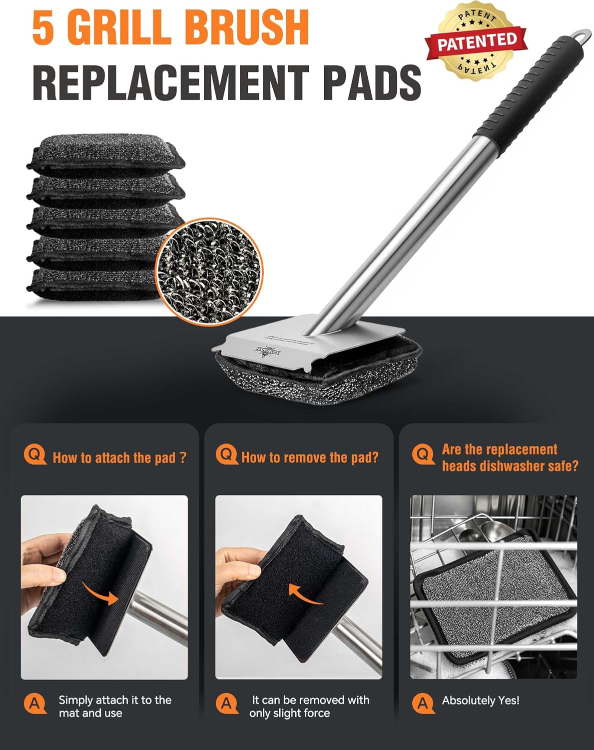 Bristle-Free Steam Grill Brush with 5 Replacement Pads – No Bristle Shedding. Unique Steel Fibers Pads Efficiently Deep Clean All Kinds of Grills. A Safe Outdoor Grill Cleaner. Gift for Men/Dad.