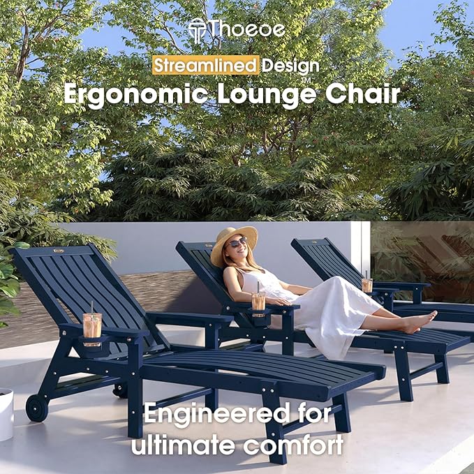 Patio Chaise Lounge Chair Set of 2, Oversized Lounge Chair Outdoor with 5 Positions, HDPE, Patio Lounge Chair with Wheels & Cup Holder for Pool, Deck, Poolside,Navy Blue